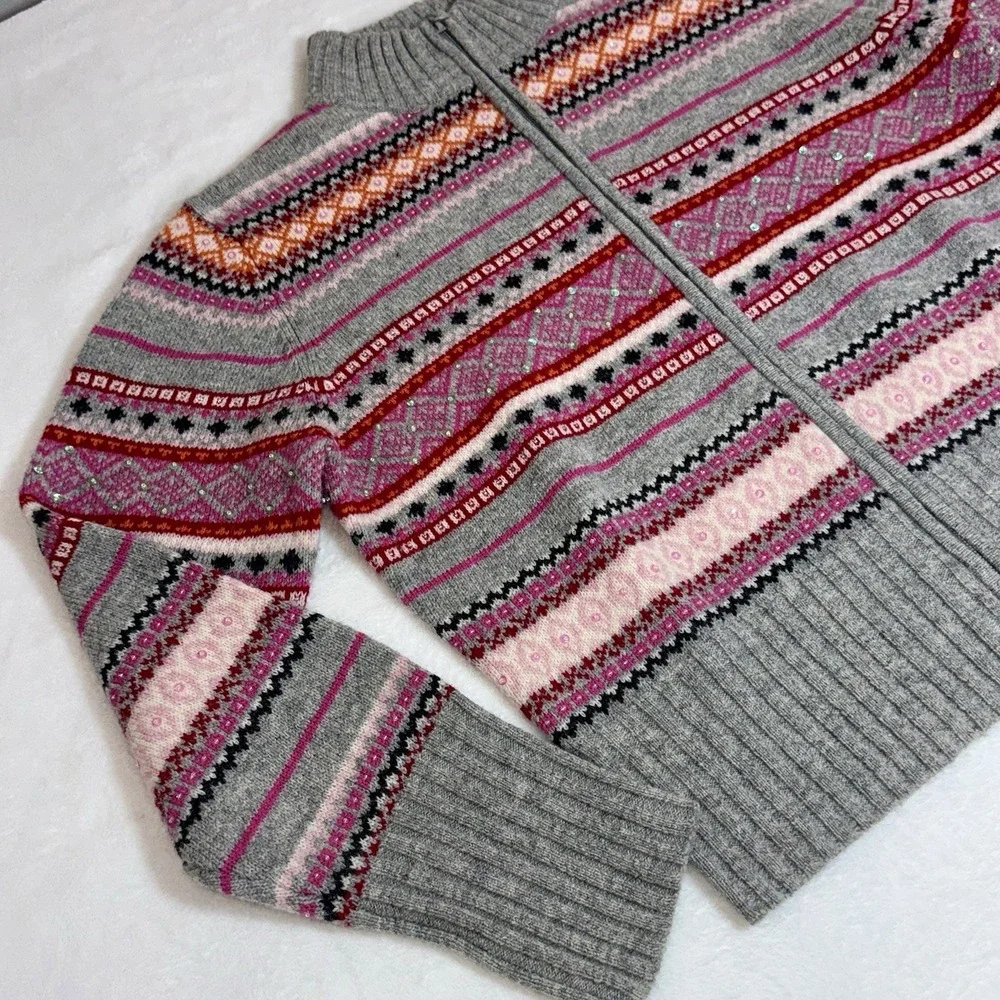 Vtg Context 100% Wool Fair Isle Sweater Sz L Full Zip Beaded Sequined NOS‎